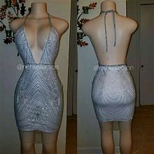 Custom WHITE DIAMOND GEM Lace Shimmery Spaghetti Strap Short Mini Long Dress /Open Back / Ball Gown/ Evening Wedding Dress
