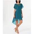 Adrianna Papell Womens Teal Sheer Short Sleeve Boat Neck Below The Knee Party Hi-Lo Dress XS