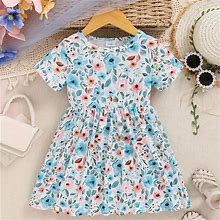 Girls Gorgeous Blue Floral Full Print Short Sleeve Dress, Casual A-Line Dresses Summer Clothing,Multicolor,Must-Have,Temu