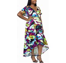 24Seven Comfort Apparel Plus Size V Neck Belted High Low Faux Wrap Dress - Purple Multi - Size 3X