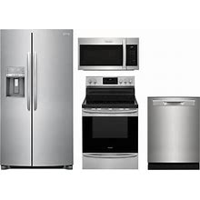 Frigidaire 4 Piece Kitchen Appliances Package W/ GRSS2652AF 36" Refrigerator GCRE3060AF Freestanding Electric Ranges GMOS1962AF Over-The-Range