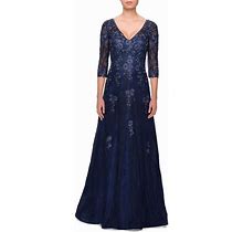 LA FEMME V-Neck 3/4-Sleeve Tulle Gown With Floral Lace Applique Navy