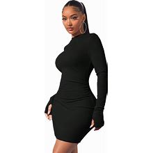 COZYEASE Women's Ruched Mock Neck Bodycon Dress Ribbed Knit Slim Fit Pencil Dress Elegant Long Sleeve Dresses