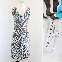 Trina Turk Dresses | Trina Turk Printed Silk Ruched Dress | Color: Blue/Brown | Size: 0