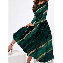 Women's Casual Dress Swing Dress Color Gradient Marble Pocket Print Crew Neck Midi Dress Daily Long Sleeve Spring Fall