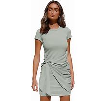 Uoozee Womens Round Neck Short Sleeve High Waist Dress Solid Color Ruched Lace Up Mini Dresses Mint Green M