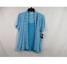 Kim Rogers Womens Blouse Petite Large Blue White Striped Open Polyester Blend
