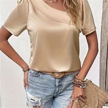 Solid Color Asymmetrical Hem Asymmetrical Neck Blouse, Women's Satin Casual Short Sleeve Top Spring Summer Women's Clothing,Apricot,All-New,Temu