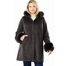 Plus Size Women's Hooded Faux Fur Trim Coat By Jessica London In Black (Size 22 W) Winter Wool Hooded Swing Coat