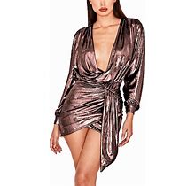 Ophestin Womens Sexy Deep V Neck Metallic Glitter Ruched Long Sleeve Party Dress