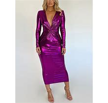 Women's Sexy V-Neck Slim Pleated Long Sleeve Solid Color Bodycon Dress