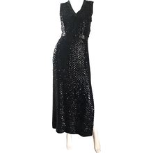 1970S Lillie Rubin Black Silk Sequin Belted Vintage 70S Sleeveless Evening Dress