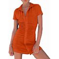 Calsunbaby Women Pleated Button Blouse Dress Short Sleeve Ruched Lapel Knit Sheath Mini Dress Casual Streetwear Orange M