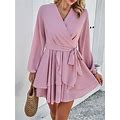 Women Plain V Neck Long Sleeve Comfy Casual Short Dress Pink/L