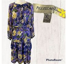 Figueroa & Flower Womens Xl Purple Floral Hi/Low Tiered Dress W/3/4