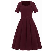 Womens Dresses Womens Solid Square Neck Short Sleeve Evening Dress Ladies Dress Summer Clothes Dresses For Women 2023 Red L