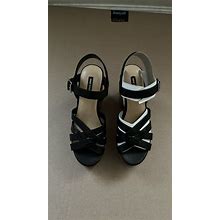 NEW NINE WEST - CHEERS, Black Leather Platform Sandals 4.75"" Cork Heel SZ 10.5 m