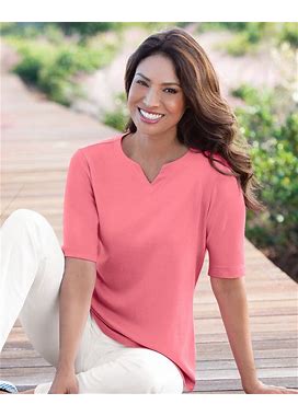 Blair Women's Coastal Cotton Notched Neckline Elbow-Sleeve Tee - Pink - PL - Petite