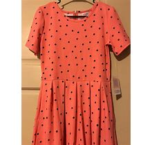 Lularoe Large NWT Women Amelia Coral Orange Black Polka Dots Pleated Dress 14