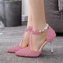 Women's Wedding Shoes Bridal Shoes Lace High Heel Pointed Toe Ankle Strap Pink US8.5 / EU39 / UK6.5 / CN40
