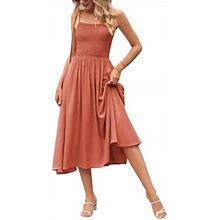 Thefound Women Sleeveless Dress Solid Color Bohemian Ruched A-Line Party Dress
