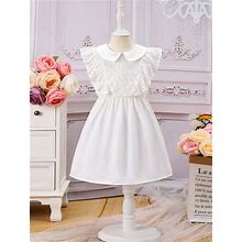 Young Girl Solid Color Lace Patchwork White Ruffle Dress,4Y