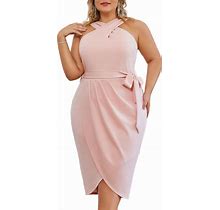 Hanna Nikole Plus Size Dresses For Curvy Women Halter Neck Sleeveless Wrap Front Ruched Bodycon Dress Party Dress