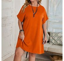Xiaoffenn Dress Shirts For Women, Plus Size Women Loose Round-Neck Summer Solid Short Sleeve Cotton Linen Mini Dress Orange 18
