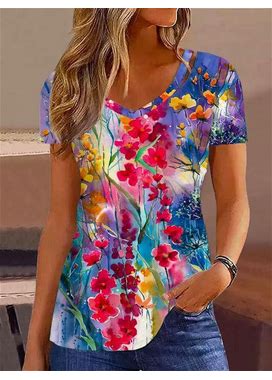 V Neck Floral Loose Casual Shirt Multicolor/XL