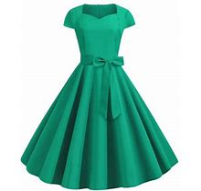 Kscykkkd Dresses For Women Female Boat Neck Short Sleeve Solid A-Line Dress Short Retro A-Line Dress Green L
