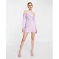 ASOS DESIGN Asymmetric Satin Mini Dress With Cold Shoulder In Mauve-Purple - Purple (Size: 8)