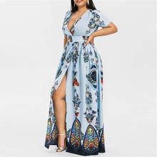 Voss Plus Size Fashion Women Butterfly Printed V-Neck Short Sleeve Casual Long Dress