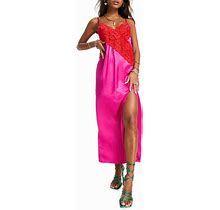 TOPSHOP Contrast Lace Color Block Slip Dress In Pink