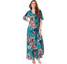 Roaman's Women's Plus Size Flutter-Sleeve Crinkle Dress - 14/16, Teal Watercolor Bouquet
