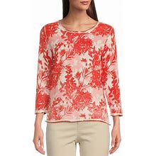 Tru Luxe Jeans Reverse Jersey Knit Tonal Leaf Print Scoop Neck 34 Sleeve Pullover Top, Womens, S, Red