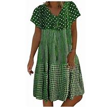 Wycnly Womens Dresses Beach Vacation Loose Swing Tunic Midi Sun Dresses Casual Plaid Print V-Neck Short Sleeve Knee-Length Summer Dress Green Xl Clear