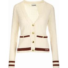 GANNI Striped Cable-Knit Merino Wool And Cashmere-Blend Cardigan Beige