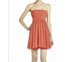 Bebe $139 Duran Strapless Flowy Dress Coral Poppy Size 2 Pleated