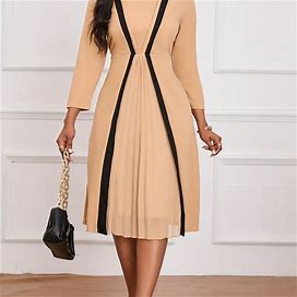 Solid Color Dress, Women's Pleated Elegant Sleeve Work Women's Clothing Office Dress,Khaki,Affordable,Temu