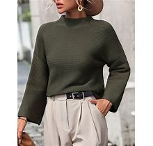 Crewneck Knitted Sweater Solid Color Batwing Long Sleeve Pullover Jumper Top Dark Green / S(4)