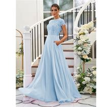 A-Line Long Sky Blue Chiffon Lace Short Sleeves Bridesmaid Dress 2024