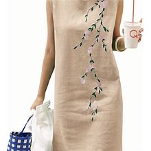 Solid Color Floral Print Embroidered Cotton Dress, Women's Floral Embroidered Tank Dress Casual Crew Neck Women's Clothing,Apricot,Trending,Temu