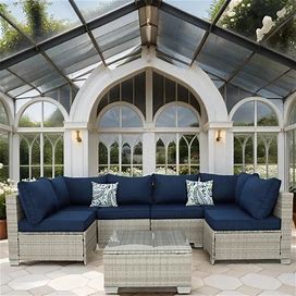 7-Pieces Outdoor Patio PE Rattan Sectional Furniture Sets For Backyard And Garden - Off-White & Dark Blue