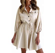 Womens Linen Casual Long Shirt Dress Ladies Button Down A Line Dress