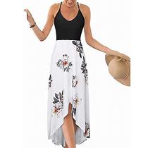 Women's Casual Summer Maxi Dress Ladies Spaghetti Strap Sleeveless Print V Neck Beach Long Sundresses Plus Size White XL