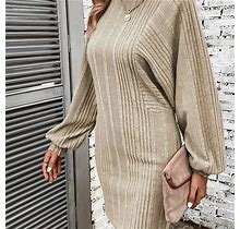 Solid Color Dress, Women's Ribbed Women's Clothing Casual Long Sleeve Dress,Khaki,Great Value,Temu
