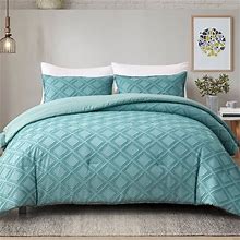 Shatex Green Checkered Tufted Queen Size Bed-In-A-Bag All Seasons 7PCS Comforter