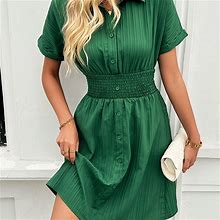 Solid Color Ruched Shirred Dress, Women's Single Collared Casual Waist Spring Summer Women's Clothing Sleeve Ruched Dress,Green,Must-Have,Temu