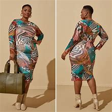 Plus Size Seamed Printed Mesh Bodycon Dress, MULTI, 22/24 - Ashley Stewart