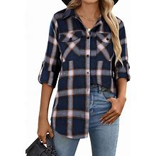 Blooming Jelly Women's Flannel Shirts Plaid Shacket Button Down Business Casual Blouse Roll Up Long Sleeve Fall Tops